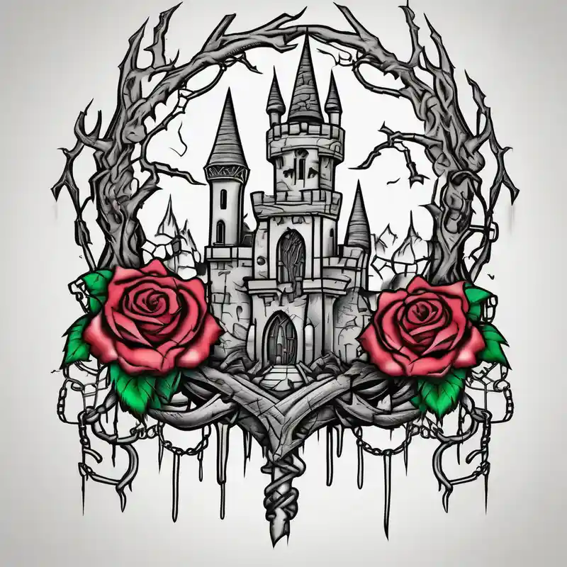 tattoo fool sleeve, old broken gothic castle, broken sword, tree roots break out of the chains, roses glitter tattoo – Cartoon, Couleurs vives